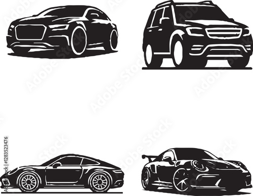 Intricate Car Illustrations - Black and White Automotive Designs"
