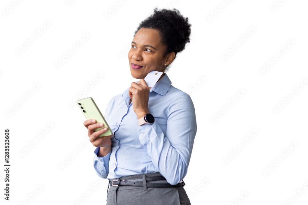 Smart African American CEO verifying a payment on her smartphone Smart African American CEO verifying a payment on her smartphone