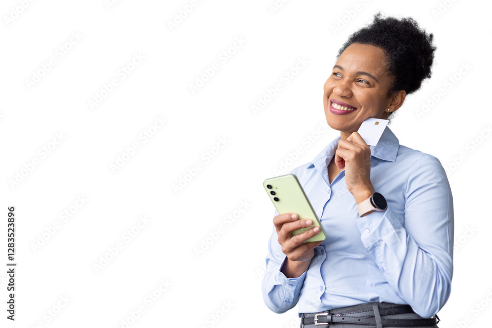 Knowledgeable African American professional purchasing items using a mobile device Knowledgeable African American professional purchasing items using a mobile device