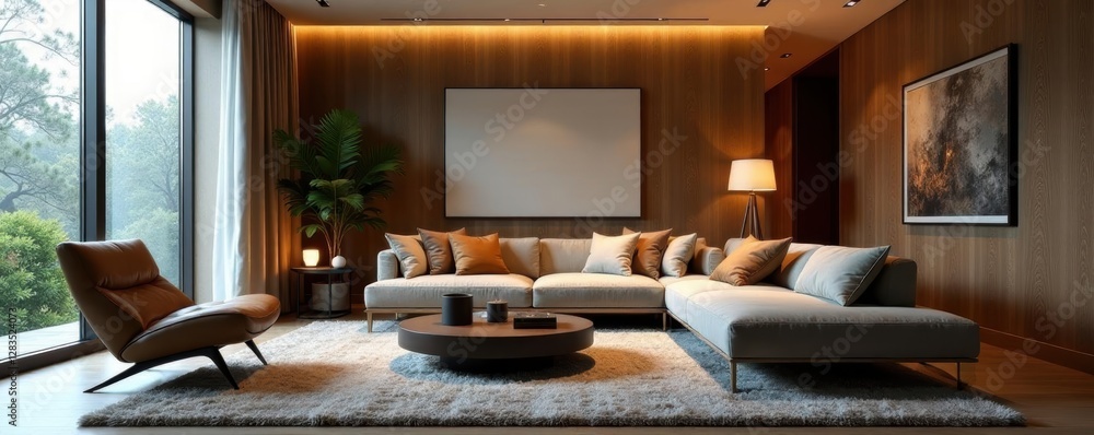 Fototapeta premium Luxurious living room, plush carpet, modern sofa, decor, home