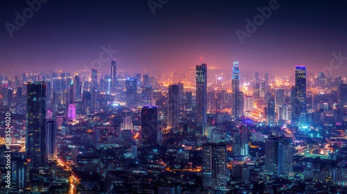 Night cityscape panorama, Asian city, hazy twilight, urban sprawl, travel