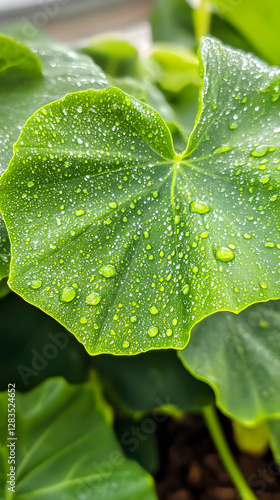 Close-up of raindrops on the edge of an oversized green leaf
