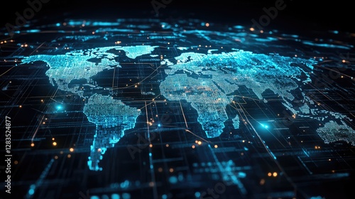 Abstract data-driven world map with market flow lines representing economic growth and trading routes, no people