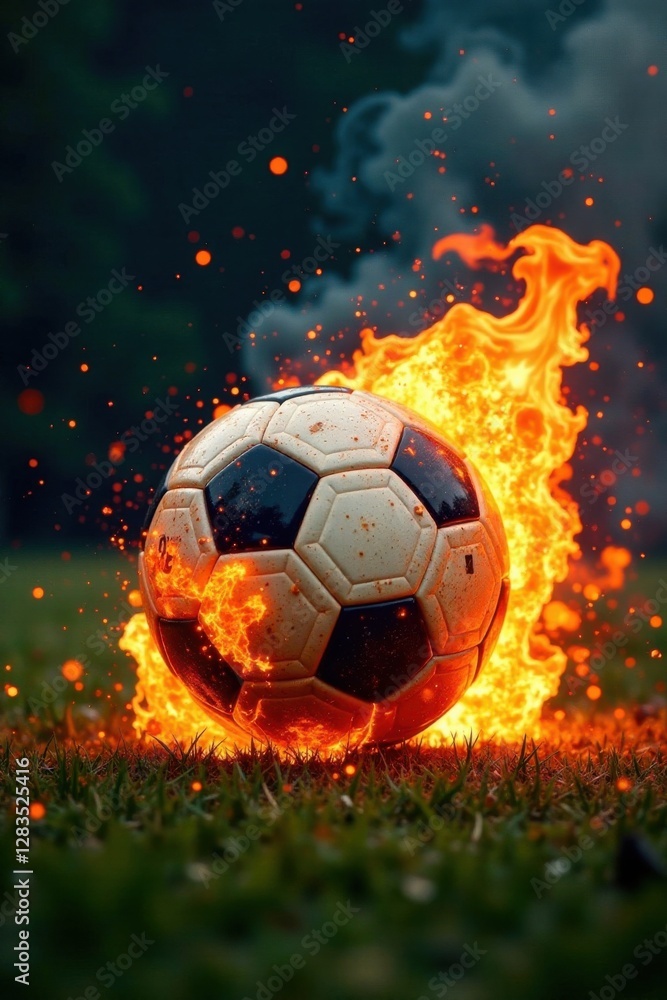 Naklejka premium Football ball exploding in a burst of flames on a burning field, explosion, intensity, flames