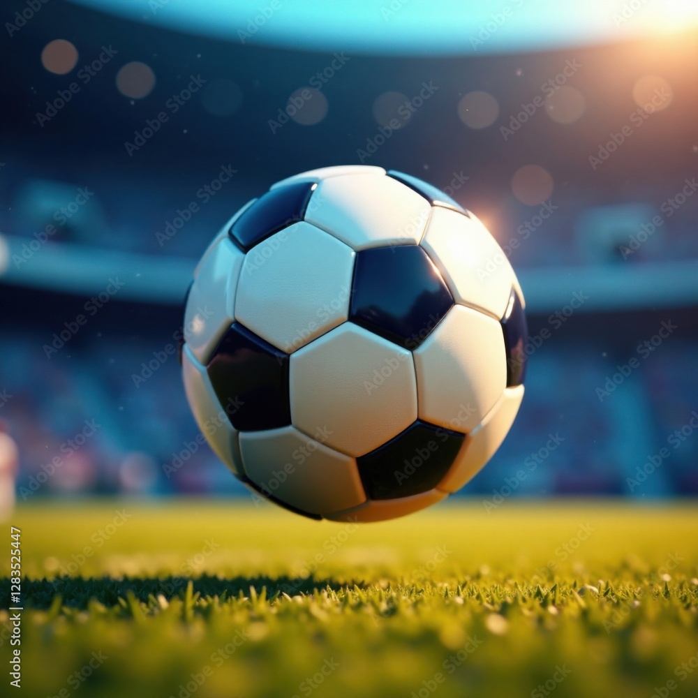 Naklejka premium Football ball floating in blue fillet with blurred background , action, balloon, sports field