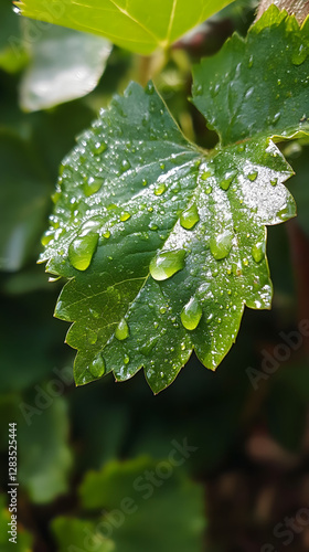 Close-up of raindrops on the edge of an oversized green leaf
