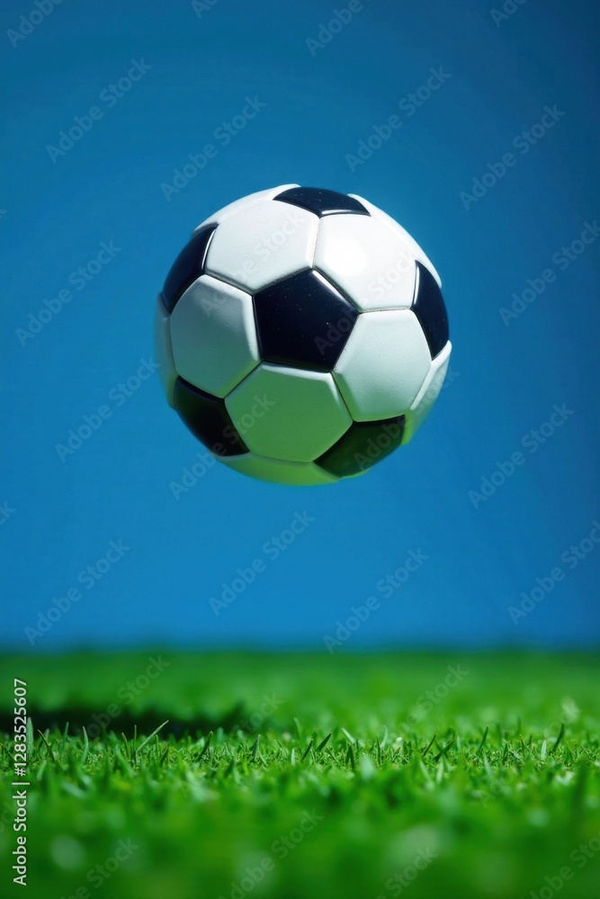 Fototapeta premium Football ball suspended in mid-air within the cut-out of a football field on blue background, field, arena, sports