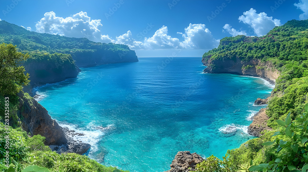 Tropical Bay With Lush Greenery And Turquoise Water Tropical Bay With Lush Greenery And Turquoise Water