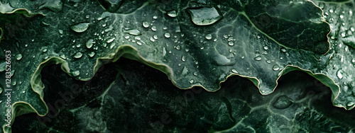 Close-up of raindrops on the edge of an oversized green leaf
