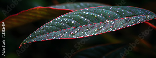 Close-up of raindrops on the edge of an oversized green leaf

