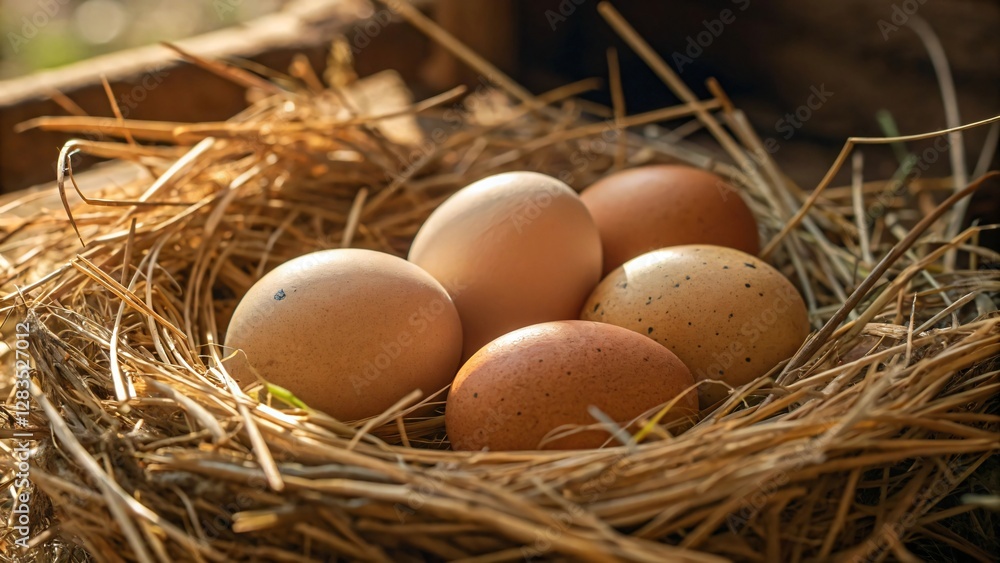 Freshly Laid Eggs Nestled in Natural Straw with Soft Lighting and Tranquil Farm Ambiente