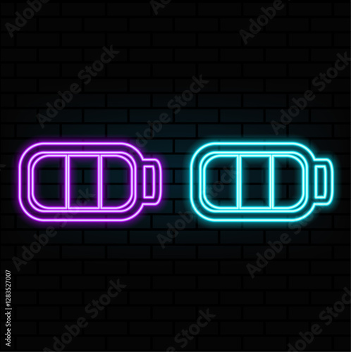 Outline neon charging battery icon. Glowing neon battery with lightning sign and charging circle, wireless electric charger. Inductive dock station for charging devices. Vector icon set.5