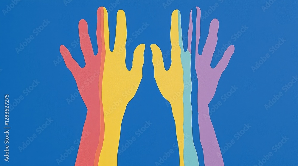 Colorful hands reaching up, unity concept, blue background, social media post Colorful hands reaching up, unity concept, blue background, social media post