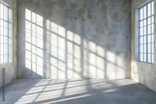 bright  modern interior space with large windows casting shadows on textured wall. soft afternoon light creates serene atmosphere  perfect for staging or photography
