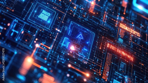AI-driven customer analytics with deep learning symbols and futuristic tech elements, no people