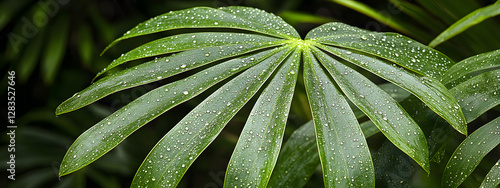 Close-up of raindrops on the edge of an oversized green leaf
