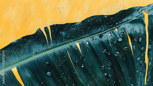 Close-up of raindrops on the edge of an oversized green leaf
