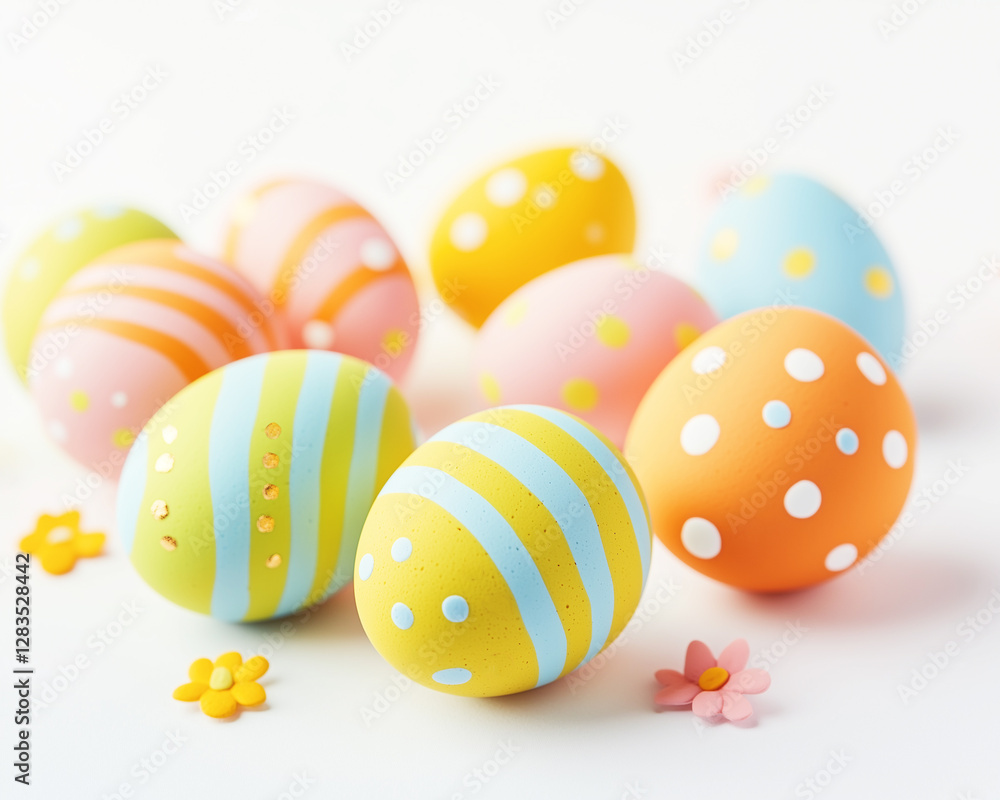 Striped and dotted easter eggs on white surface with little flowers Striped and dotted easter eggs on white surface with little flowers