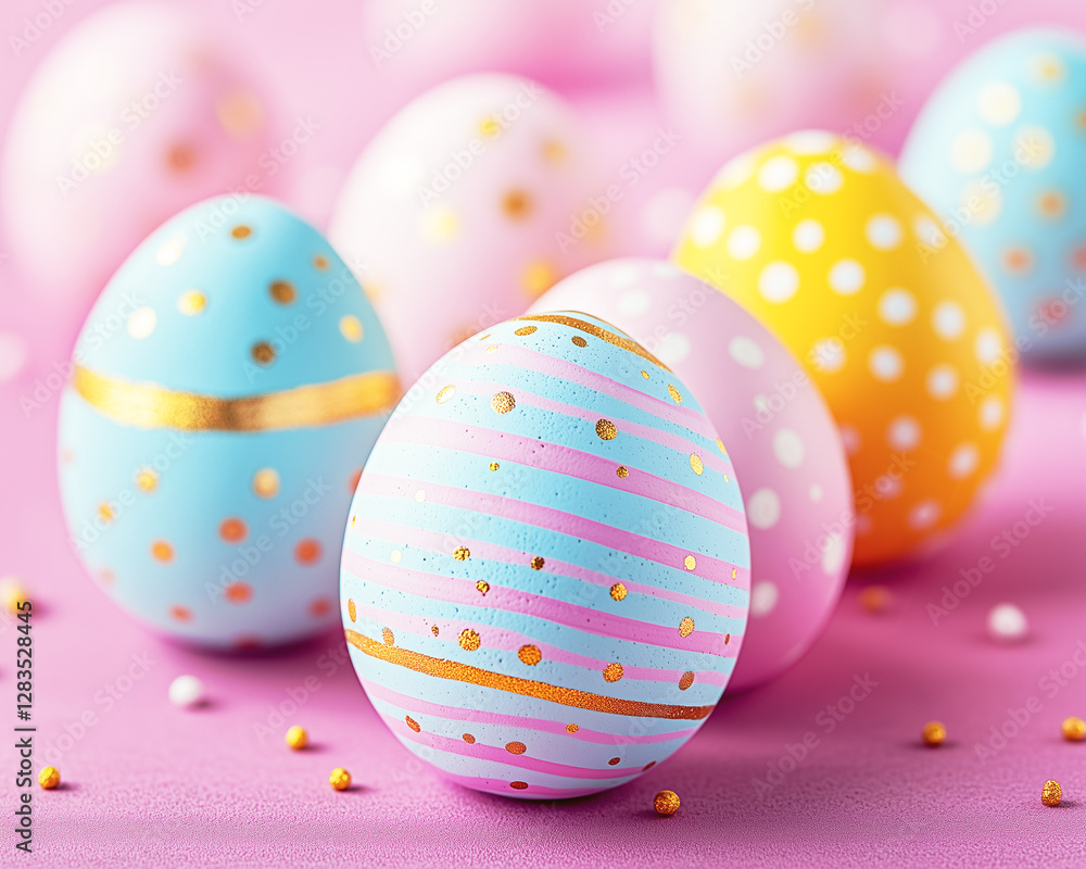 Fototapeta premium Striped and dotted easter eggs on a fuchsia surface