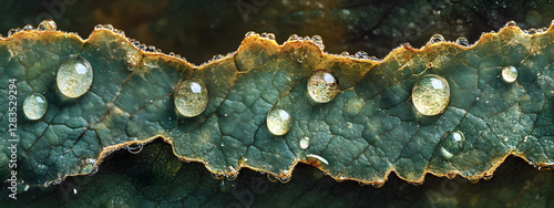 Close-up of raindrops on the edge of an oversized green leaf
