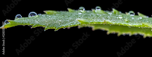 Close-up of raindrops on the edge of an oversized green leaf

