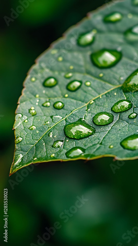 Close-up of raindrops on the edge of an oversized green leaf
