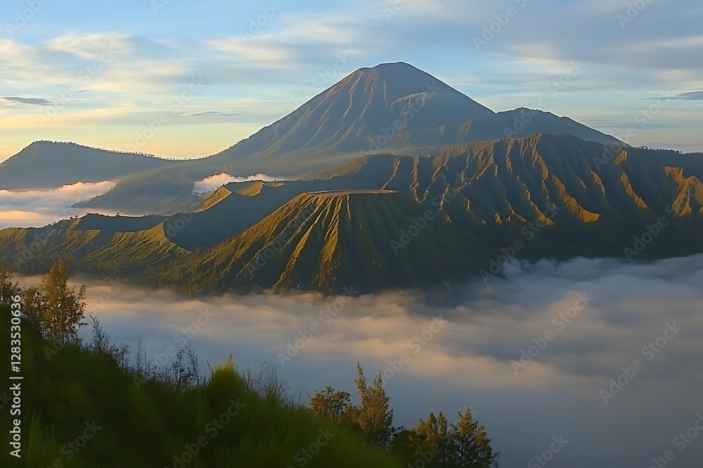 Fototapeta premium Volcanic landscape, Indonesia sunrise, above clouds