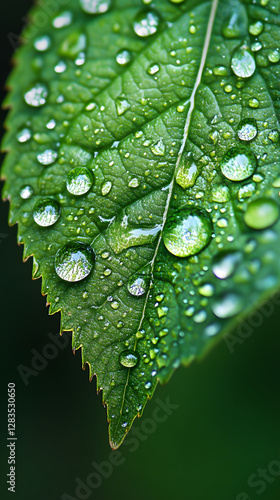 Close-up of raindrops on the edge of an oversized green leaf

