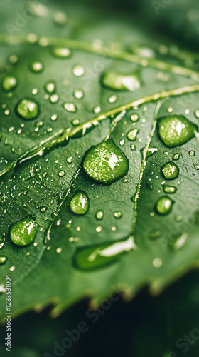 Close-up of raindrops on the edge of an oversized green leaf
