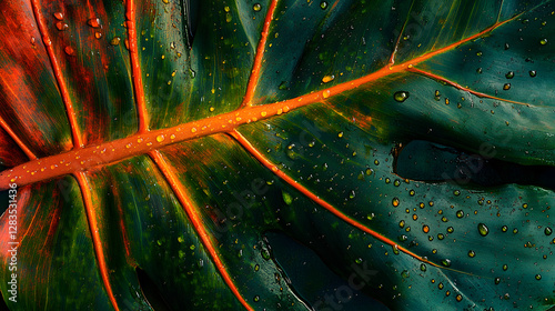 Close-up of raindrops on the edge of an oversized green leaf
