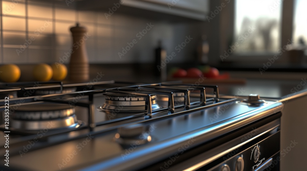 Flame and warmth – stove in the home kitchen Flame and warmth – stove in the home kitchen