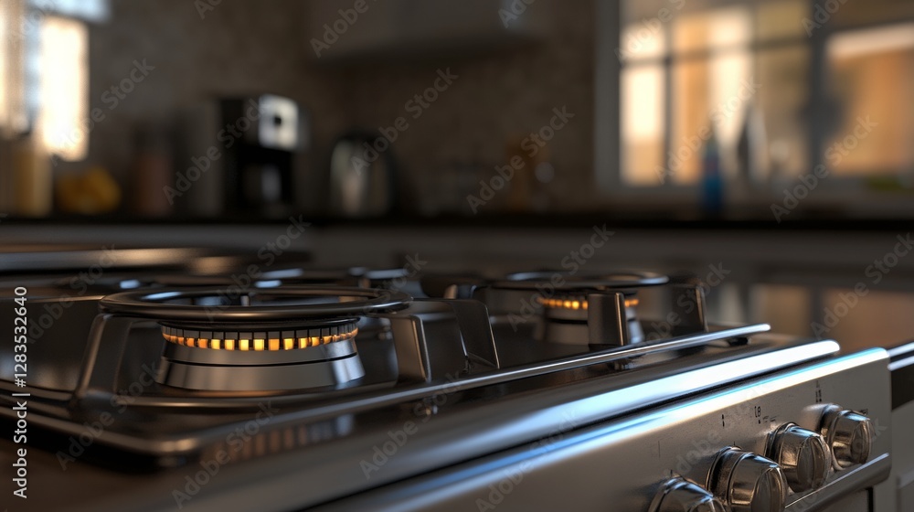 Burner with bright flame – cooking in the kitchen Burner with bright flame – cooking in the kitchen