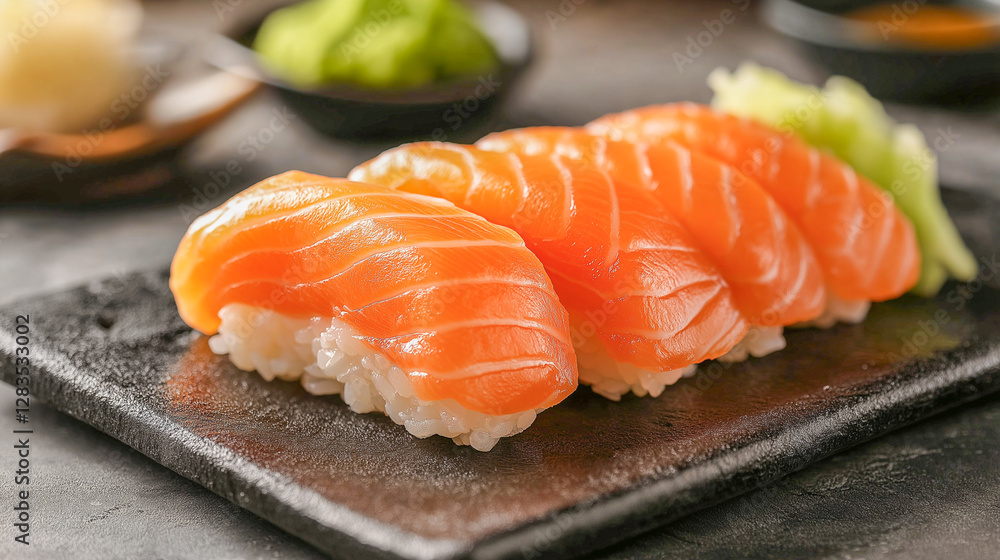 Fresh salmon nigiri served on a black slate plate in a cozy restaurant Fresh salmon nigiri served on a black slate plate in a cozy restaurant