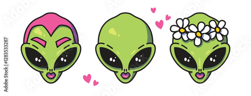 Cute cartoon alien girls vector set. Female space creatures with pink hair and a flower wreath. 