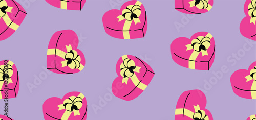 Heart shape chocolate box seamless pattern. Modern pink and purple background for Valentines, day. Romantic vector wallpaper.