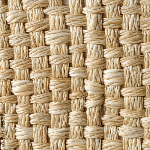 A detailed view of a woven texture made from light - colored natural fibers. The weaving pattern consists of intersecting horizontal and vertical strands, creating a regular grid - like structure. The photo