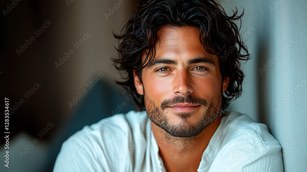 Smiling Man, Wavy Hair, Bright Expression, Casual White Shirt, Modern Portrait Smiling Man, Wavy Hair, Bright Expression, Casual White Shirt, Modern Portrait