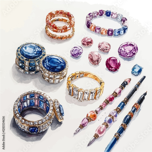 The beautiful painting of jewelry with watercolor captures the elegance and brilliance of each piece.
