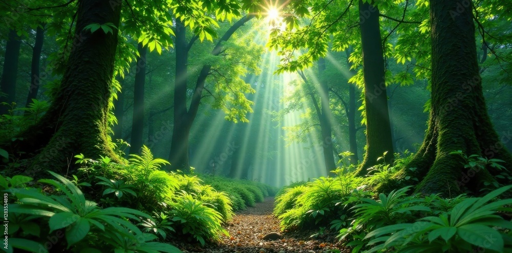 Obraz premium Forest canopy with lush greenery and ferns, tropical leaves, forest, nature