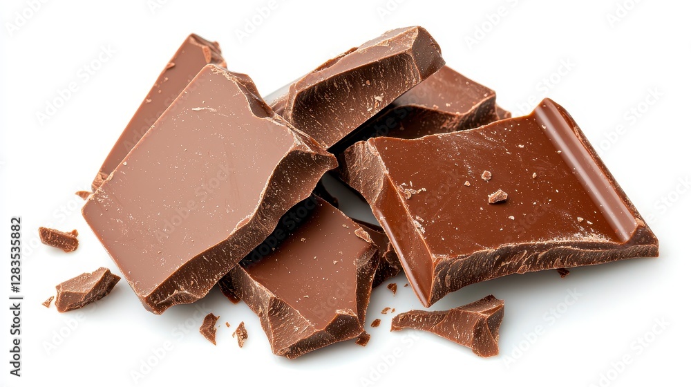 A delicious pile of rich chocolate pieces stacked together perfectly on a clean white surface ready for indulgence A delicious pile of rich chocolate pieces stacked together perfectly on a clean white surface ready for indulgence
