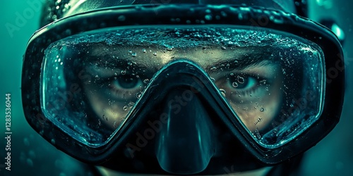 Diver wearing diving mask underwater, exploring the depths of the ocean for sharks