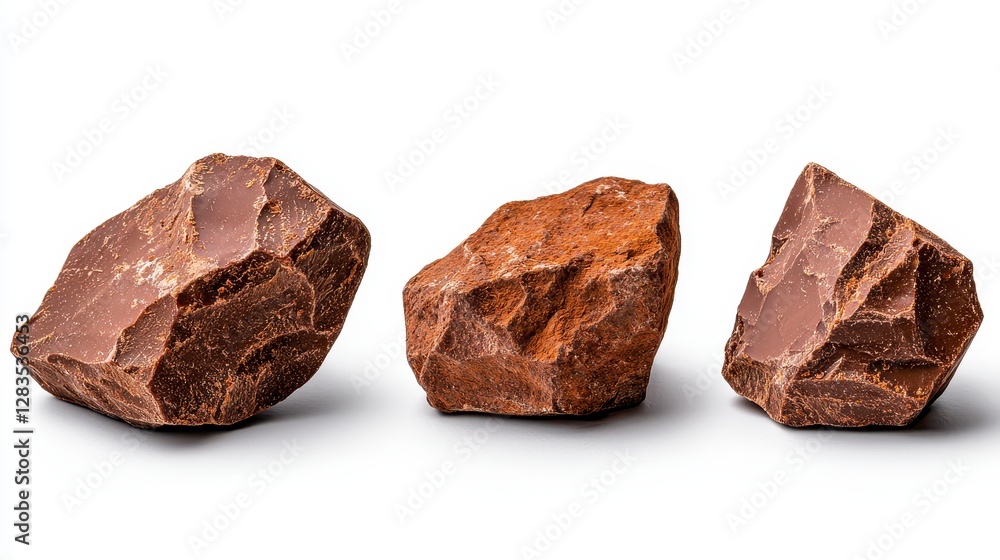 Trio of unpolished rock pieces beautifully displayed on a crisp white background for natural aesthetic photography Trio of unpolished rock pieces beautifully displayed on a crisp white background for natural aesthetic photography