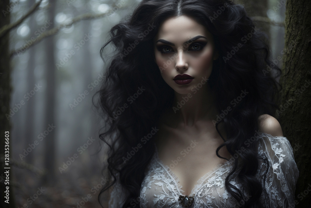 A hauntingly beautiful figure with flowing black hair and gothic attire stands in a fog-shrouded woodland, exuding an aura of mystery and dark elegance. Perfect for fantasy, gothic, or dark theme. A hauntingly beautiful figure with flowing black hair and gothic attire stands in a fog-shrouded woodland, exuding an aura of mystery and dark elegance. Perfect for fantasy, gothic, or dark theme.