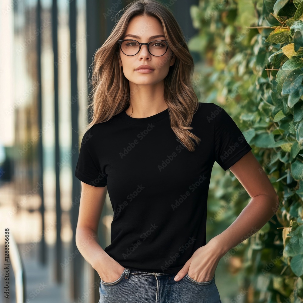 Stylish Woman in Black T-Shirt and Glasses Posing Outdoors, Casual Fashion and Confidence Personified. Stylish Woman in Black T-Shirt and Glasses Posing Outdoors, Casual Fashion and Confidence Personified.