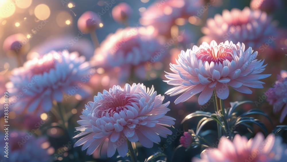 Dreamlike Flower Garden with Pastel Chrysanthemums and Silky Translucent Petals, Soft Bokeh Background and Ethereal Ambiance, Generative AI Dreamlike Flower Garden with Pastel Chrysanthemums and Silky Translucent Petals, Soft Bokeh Background and Ethereal Ambiance, Generative AI