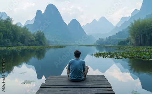 Inner peace and Mindfullness, A man sits on the edge of an endless wooden dock, with mountains and bamboo forests in the background