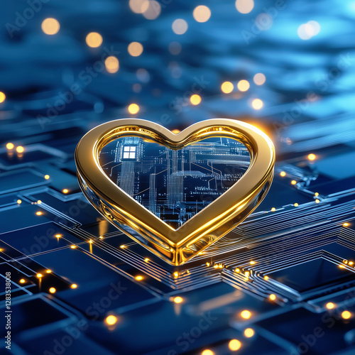 Golden heart with futuristic digital circuit on a glowing blue technology background. Online dating.
