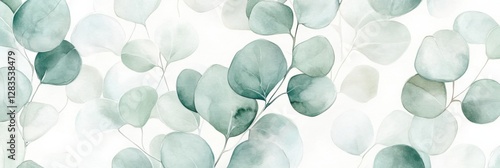 Watercolor leaves in soft green tones creating a serene backdrop evoking tranquility and natures beauty. Generative AI