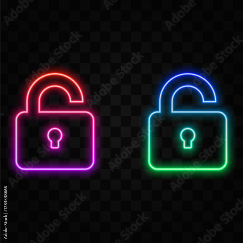 Glowing neon line Open lock icon isolated on brick wall background. Open lock signal. Cybersecurity concept. Digital data protection. Colorful Outline Concept