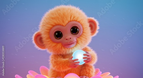 Cute Orange Monkey Holding Glowing Ball Sitting on a Flower